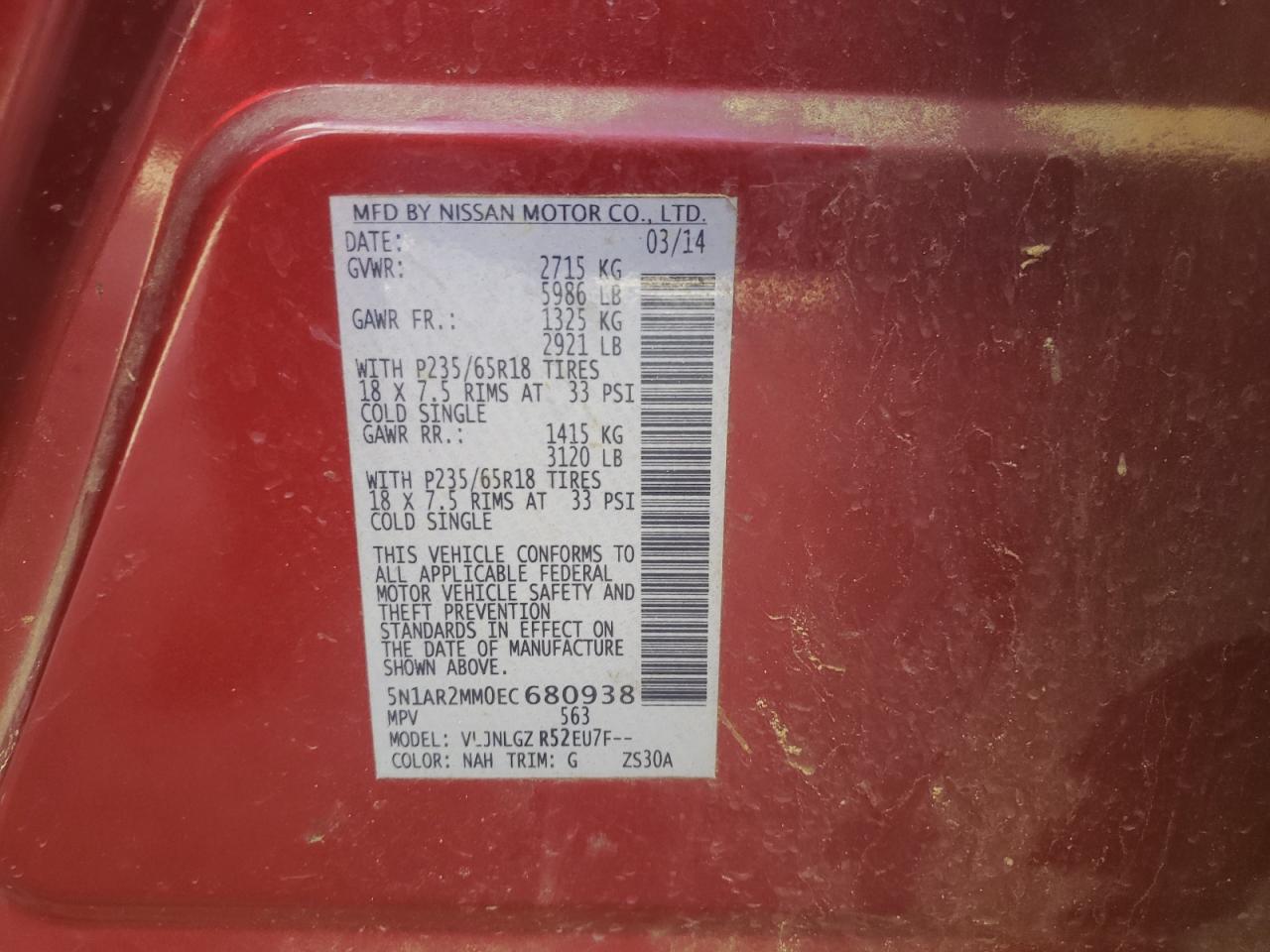 2014 Nissan Pathfinder VIN 5N1AR2MM0EC680938 Copart auction photo, front end damage thumbnail 13