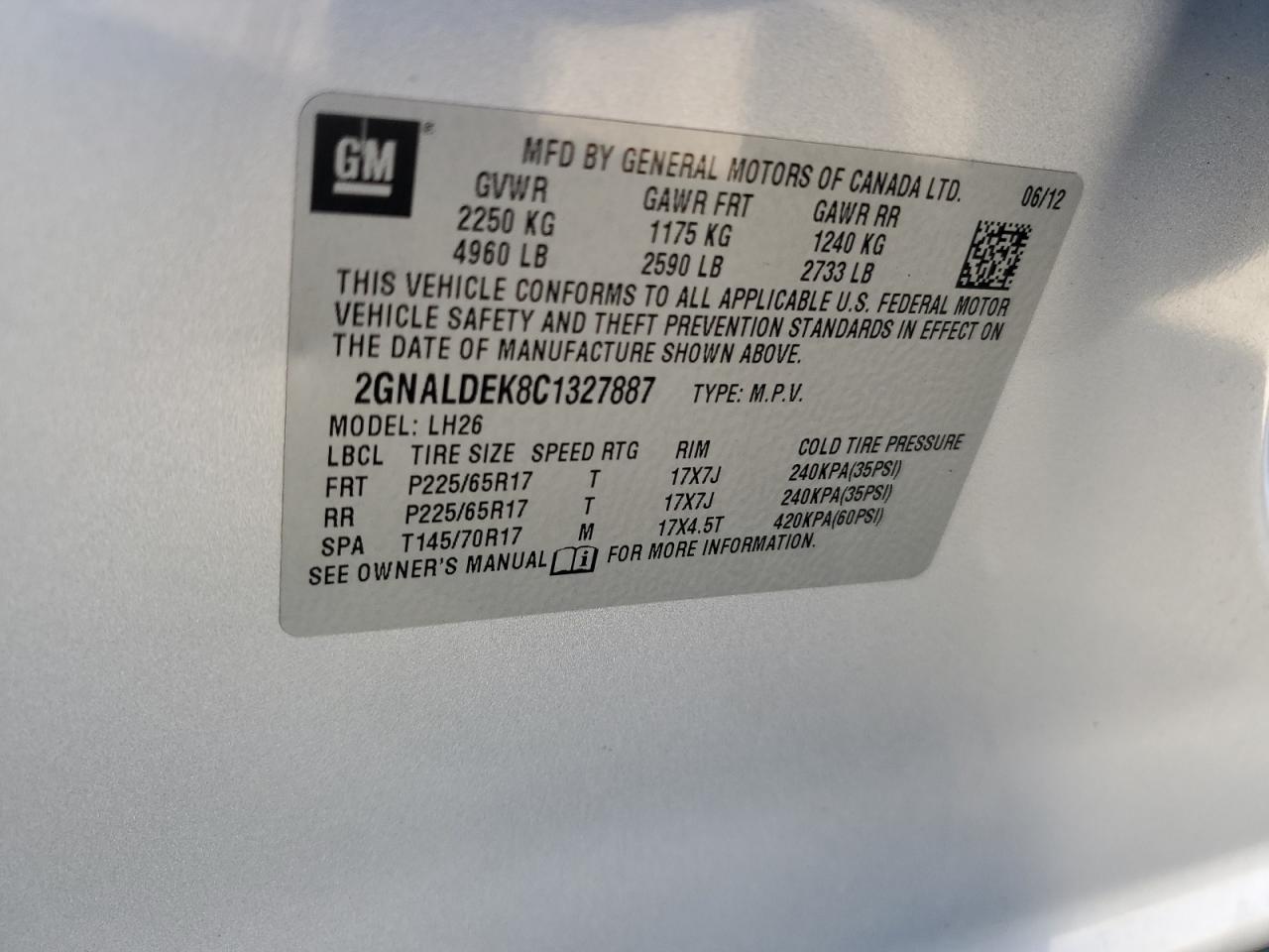 2012 Chevrolet Equinox VIN 2GNALDEK8C1327887 Copart auction photo, rear end damage thumbnail 15