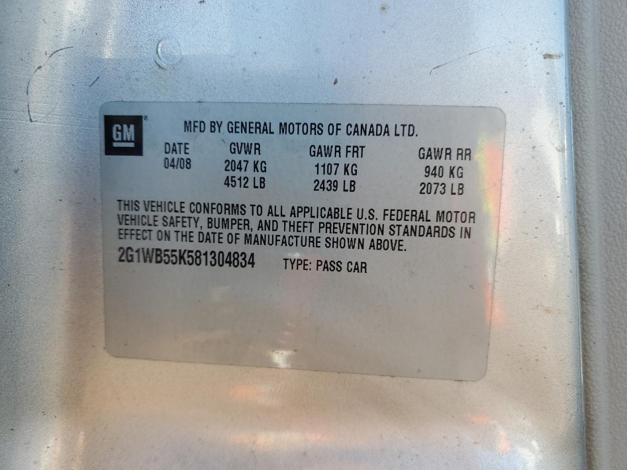 2008 Chevrolet Impala VIN 2G1WB55K581304834 Copart auction photo, rear end damage thumbnail 12