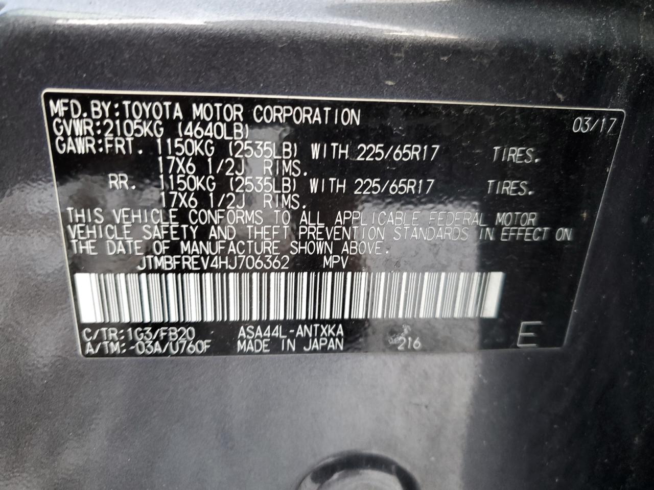 2017 Toyota RAV 4 VIN JTMBFREV4HJ706362 Copart auction photo, front end / undercarriage damage thumbnail 13