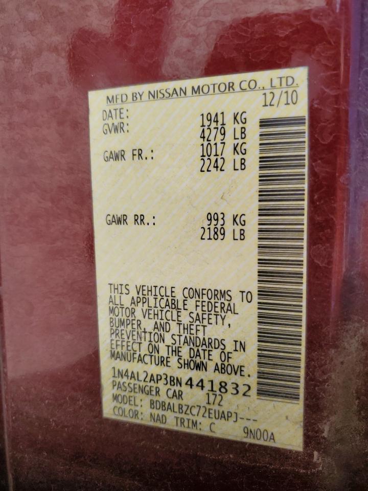 2011 Nissan Altima VIN 1N4AL2AP3BN441832 Copart auction photo, all over / mechanical damage thumbnail 14