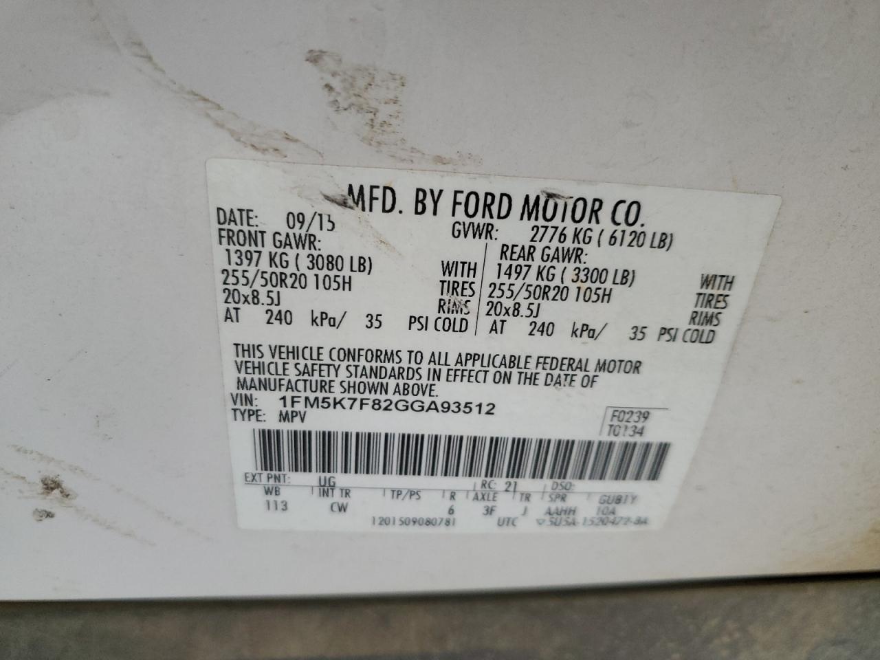 2016 Ford Explorer VIN 1FM5K7F82GGA93512 Copart auction photo, side / front end damage thumbnail 15