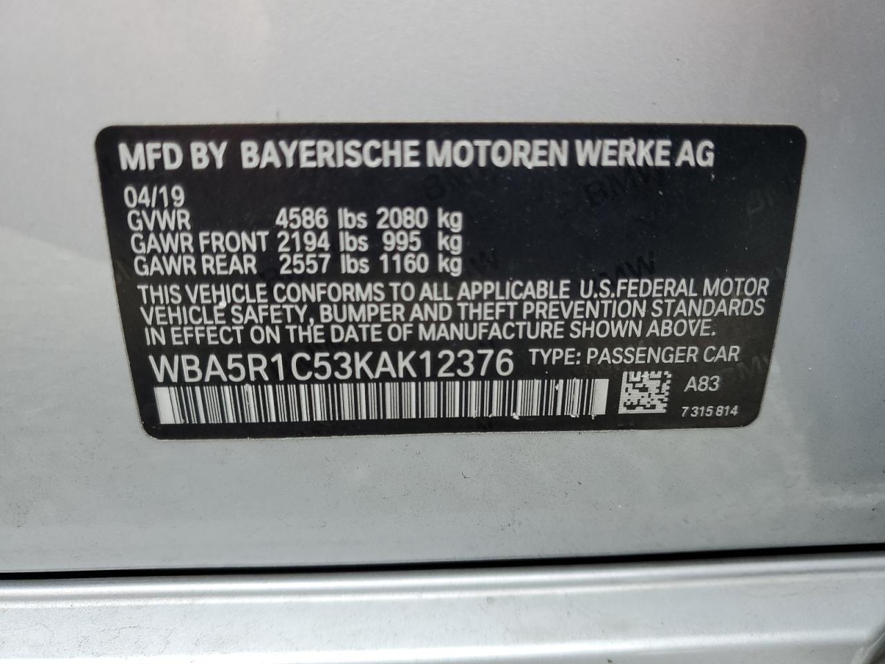 2019 BMW 3er VIN WBA5R1C53KAK12376 Copart auction photo, water/flood damage thumbnail 13