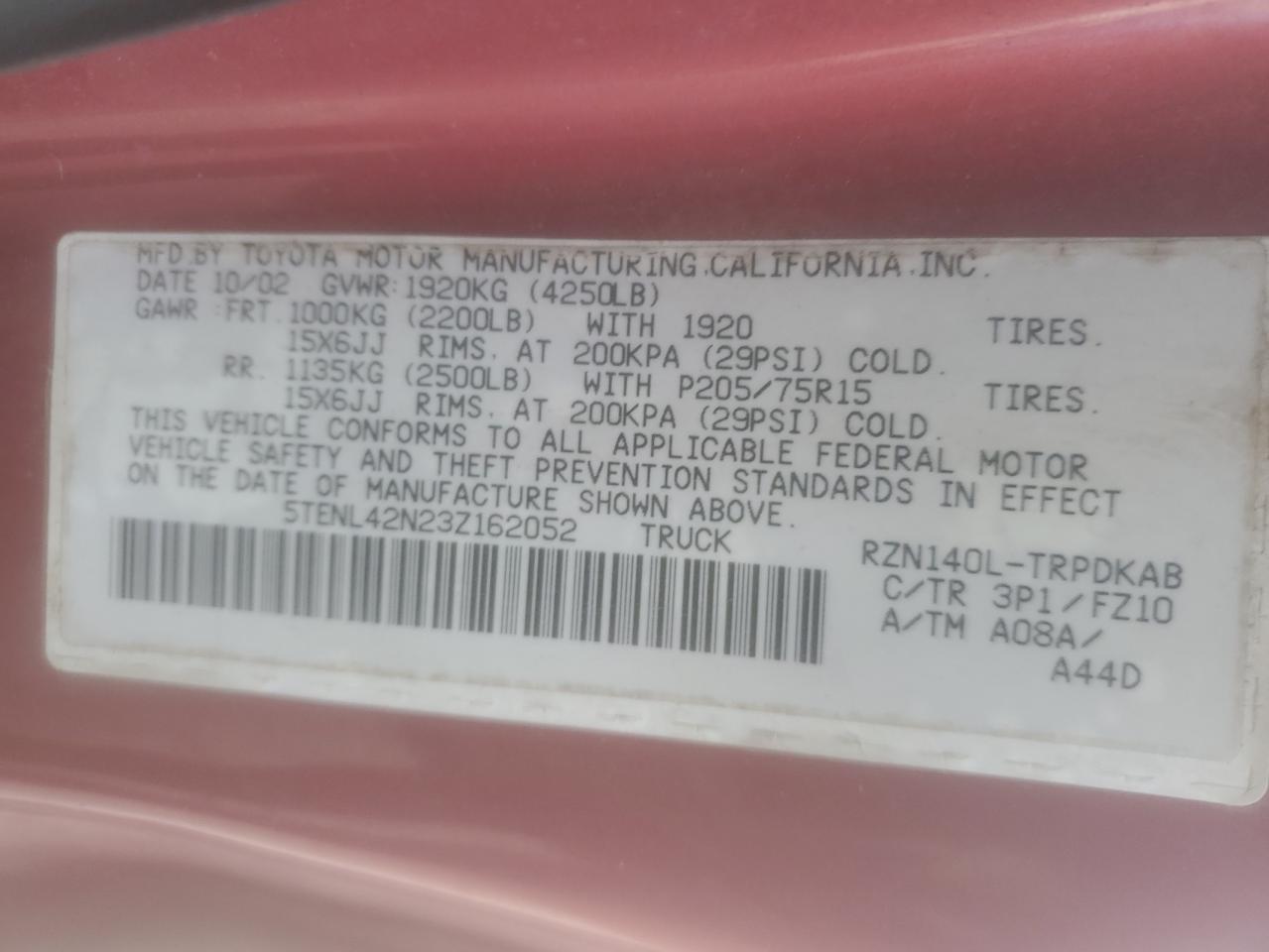2003 Toyota Tacoma VIN 5TENL42N23Z162052 Copart auction photo, front end damage thumbnail 12