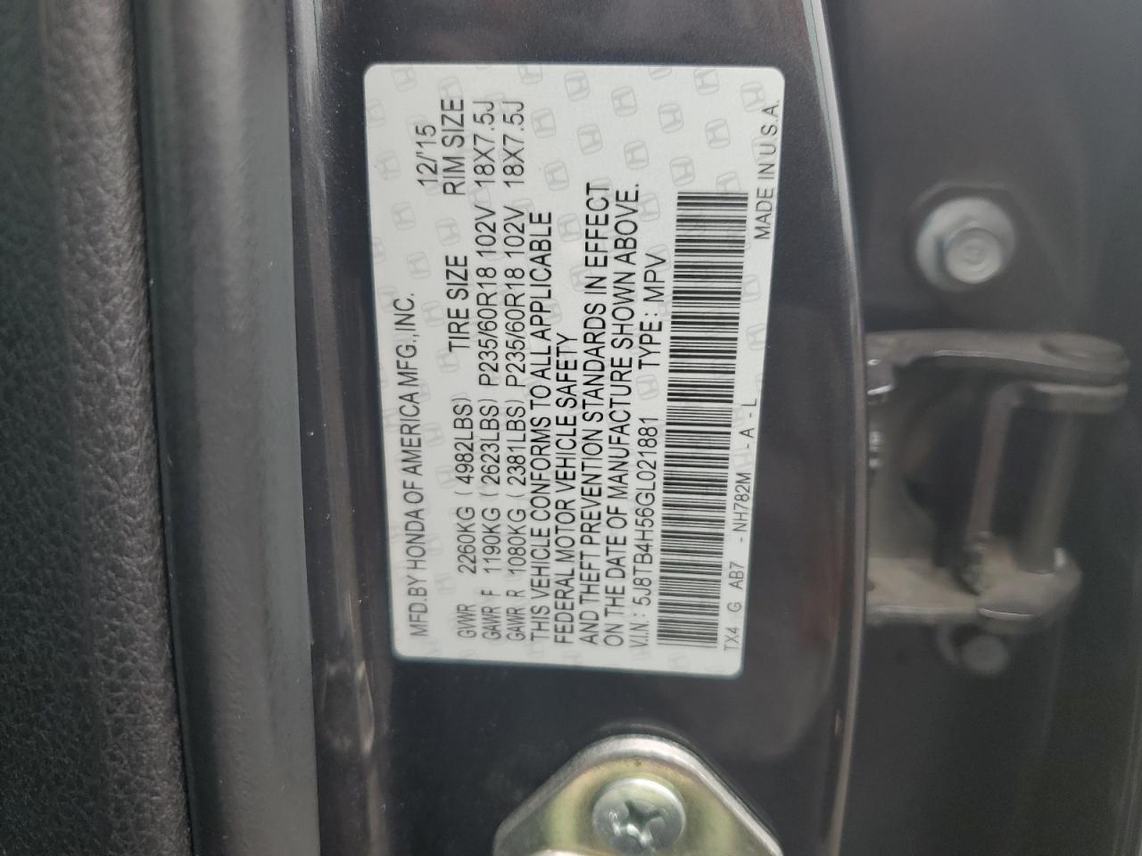 2016 Acura RDX VIN 5J8TB4H56GL021881 Copart auction photo, front end / rear end damage thumbnail 15