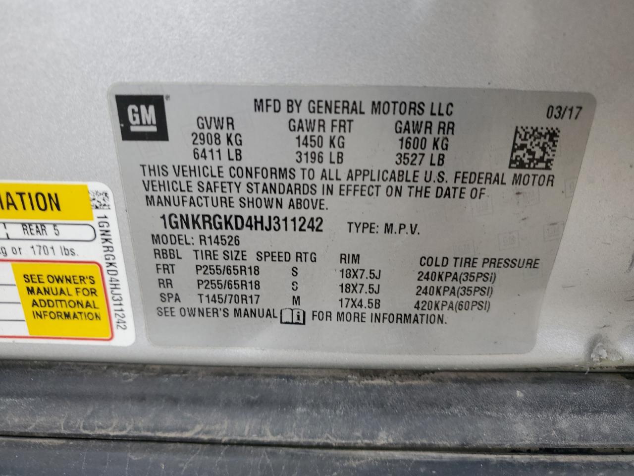 2017 Chevrolet Traverse VIN 1GNKRGKD4HJ311242 Copart auction photo, front end / side damage thumbnail 13