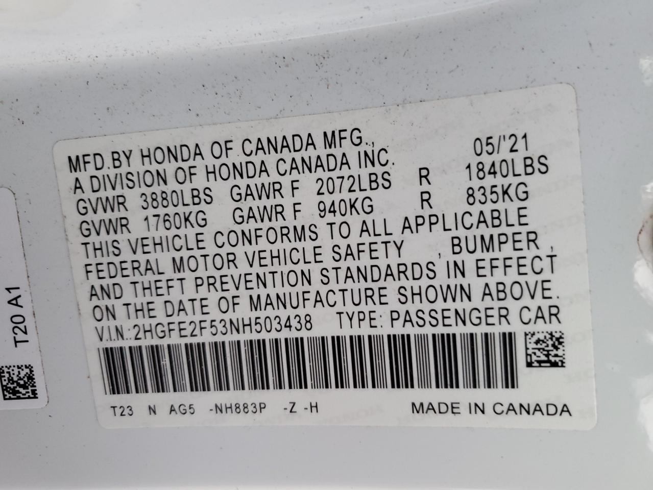 2022 Honda Civic VIN 2HGFE2F53NH503438 Copart auction photo, all over damage thumbnail 15