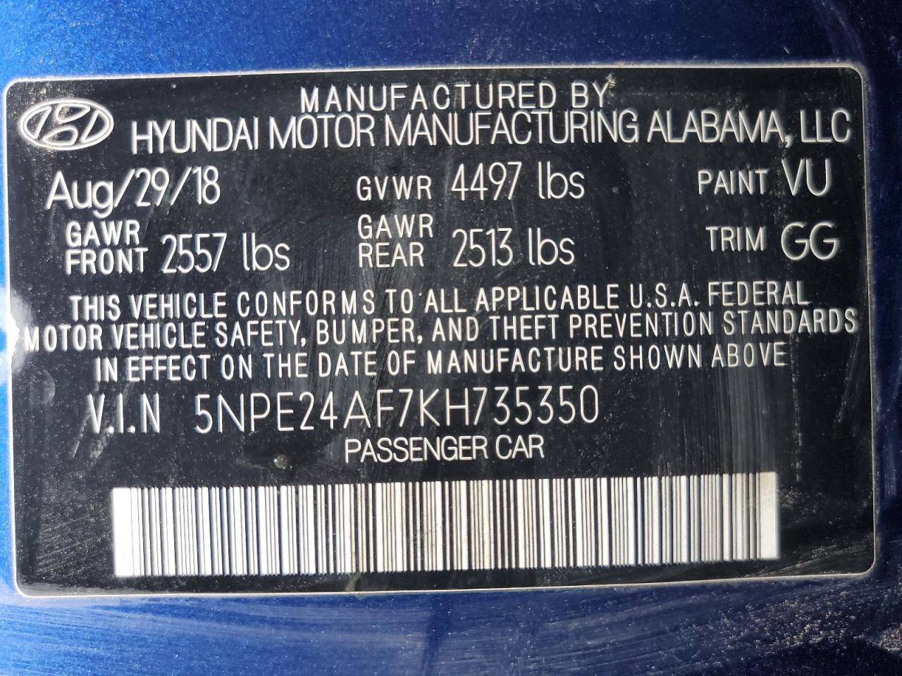 2019 Hyundai Sonata VIN 5NPE24AF7KH735350 Copart auction photo, front end damage thumbnail 12