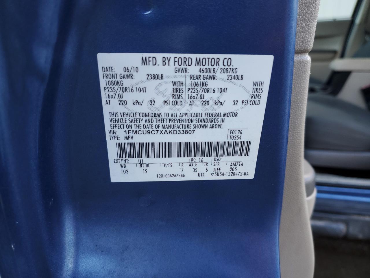 2010 Ford Escape VIN 1FMCU9C7XAKD33807 Copart auction photo, front end damage thumbnail 13