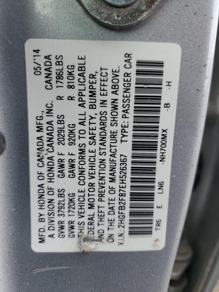 2014 Honda Civic VIN 2HGFB2F87EH526367 Copart auction photo, side / minor dent/scratches damage thumbnail 14