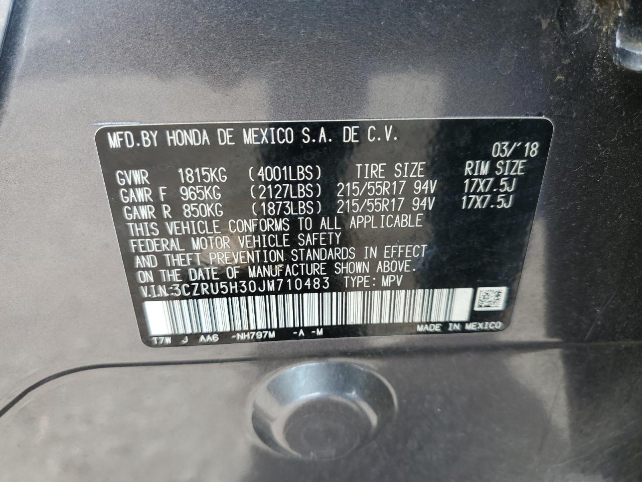2018 Honda HR-V VIN 3CZRU5H30JM710483 Copart auction photo, side damage thumbnail 13