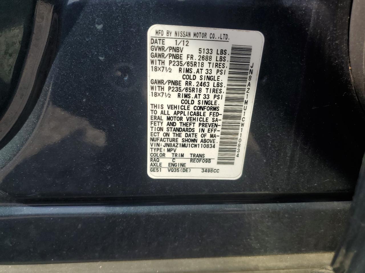 2012 Nissan Murano VIN JN8AZ1MU1CW110834 Copart auction photo, rear end / front end damage thumbnail 13