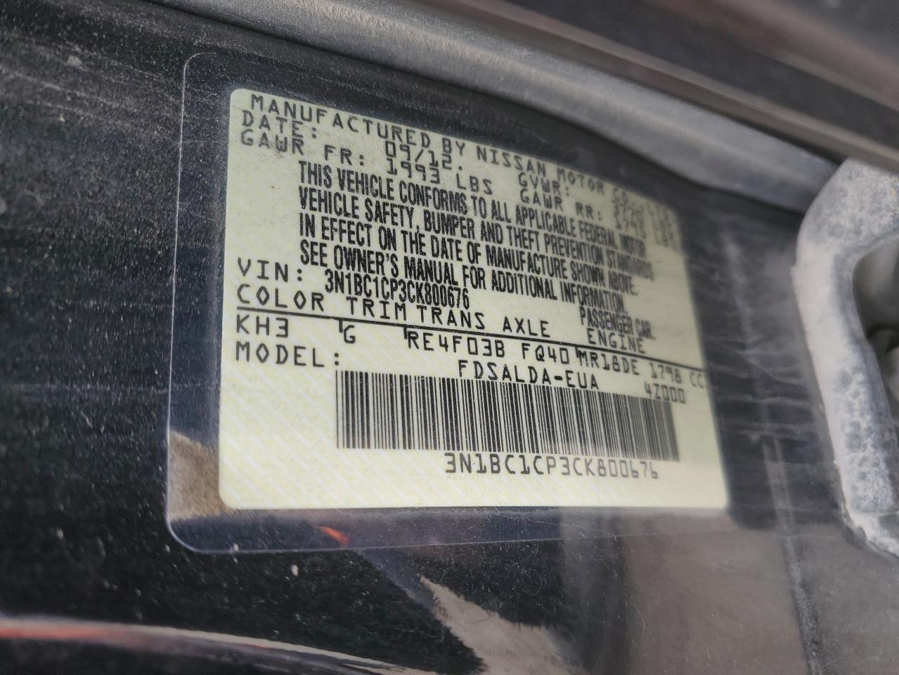 2012 Nissan Versa VIN 3N1BC1CP3CK800676 Copart auction photo, hail damage thumbnail 12