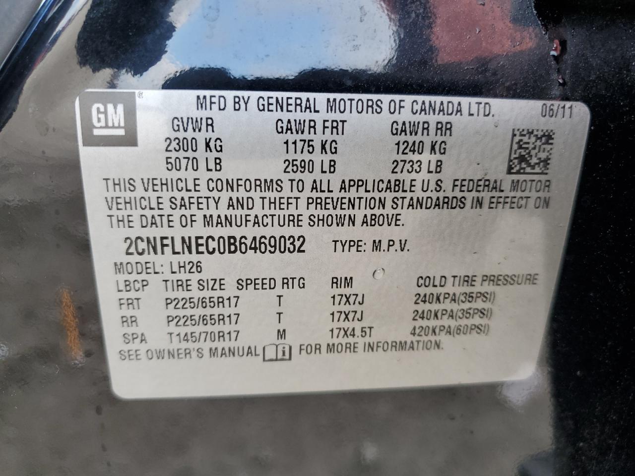 2011 Chevrolet Equinox VIN 2CNFLNEC0B6469032 Copart auction photo, mechanical / minor dent/scratches damage thumbnail 13