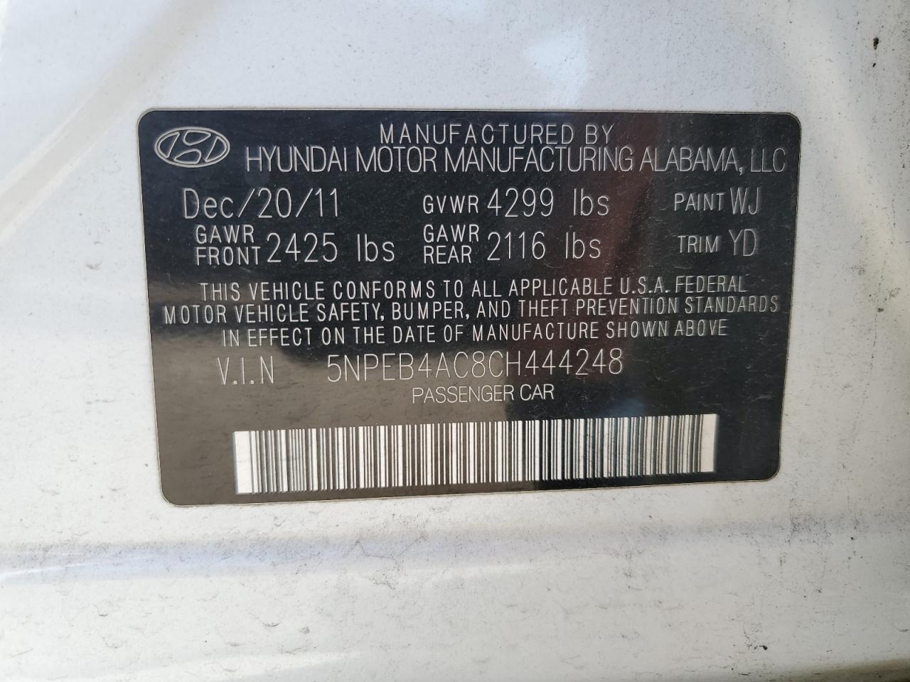2012 Hyundai Sonata VIN 5NPEB4AC8CH444248 Copart auction photo, side / minor dent/scratches damage thumbnail 12