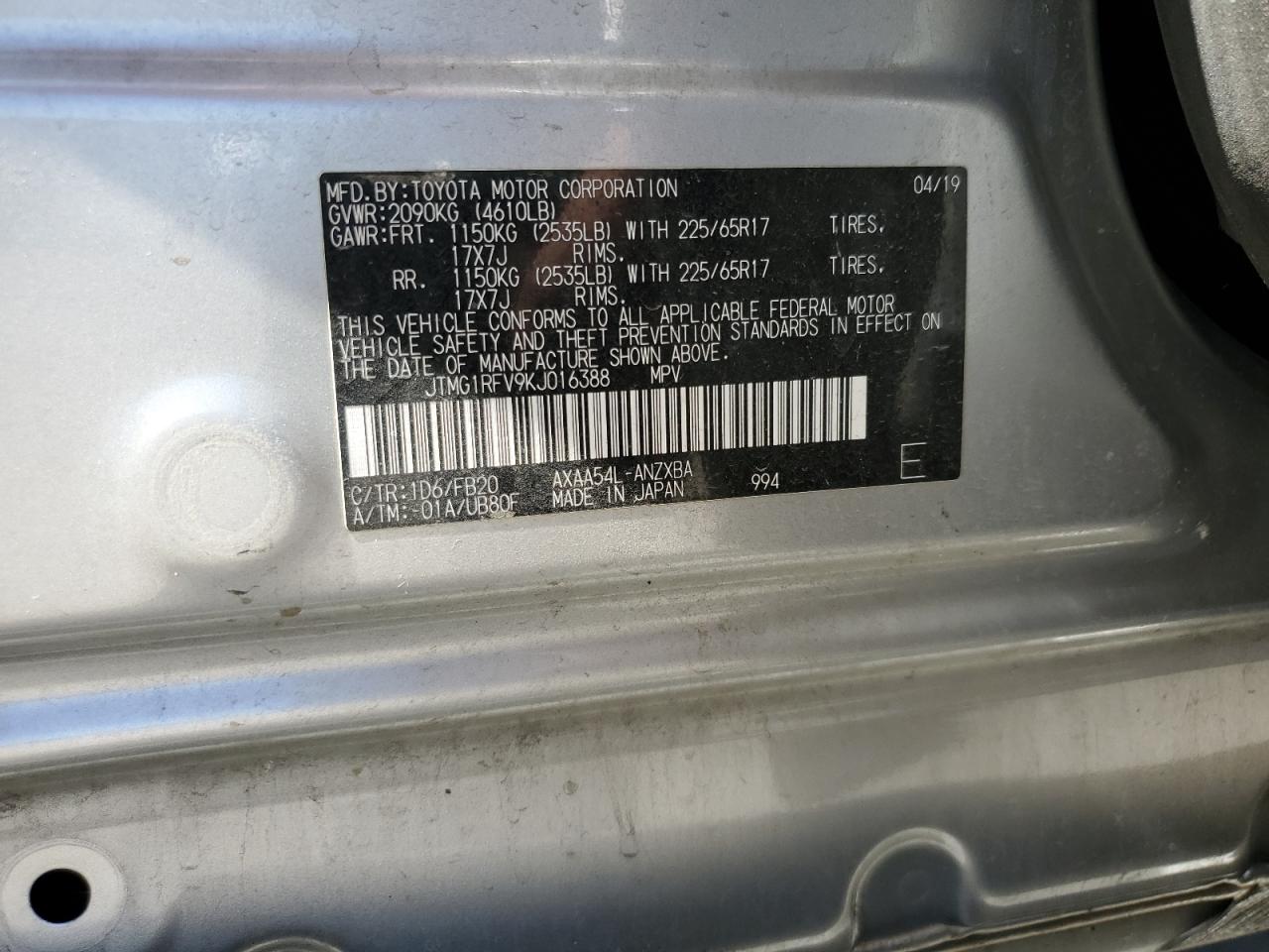 2019 Toyota RAV 4 VIN JTMG1RFV9KJ016388 Copart auction photo, rollover damage thumbnail 12
