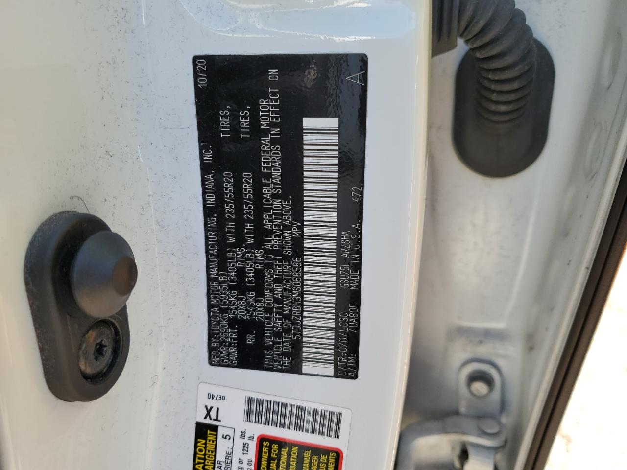 2021 Toyota Highlander VIN 5TDJZRBH3MS068586 Copart auction photo, side damage thumbnail 13