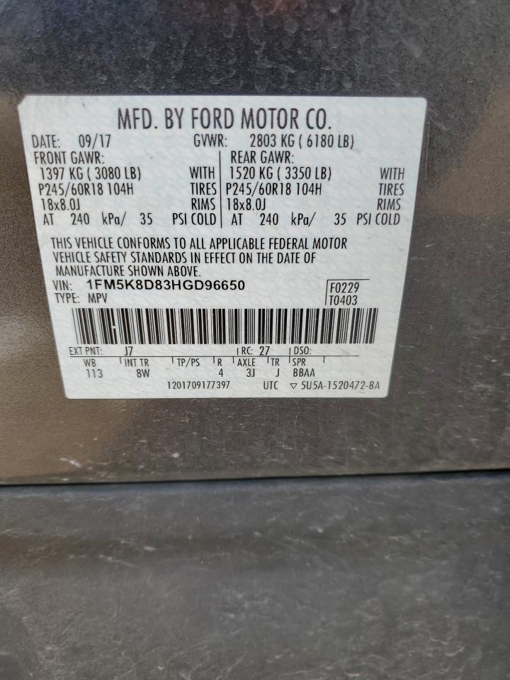 2017 Ford Explorer VIN 1FM5K8D83HGD96650 Copart auction photo, side / front end damage thumbnail 15