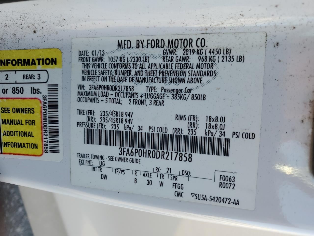 2013 Ford Fusion VIN 3FA6P0HR0DR217858 Copart auction photo, mechanical damage thumbnail 12