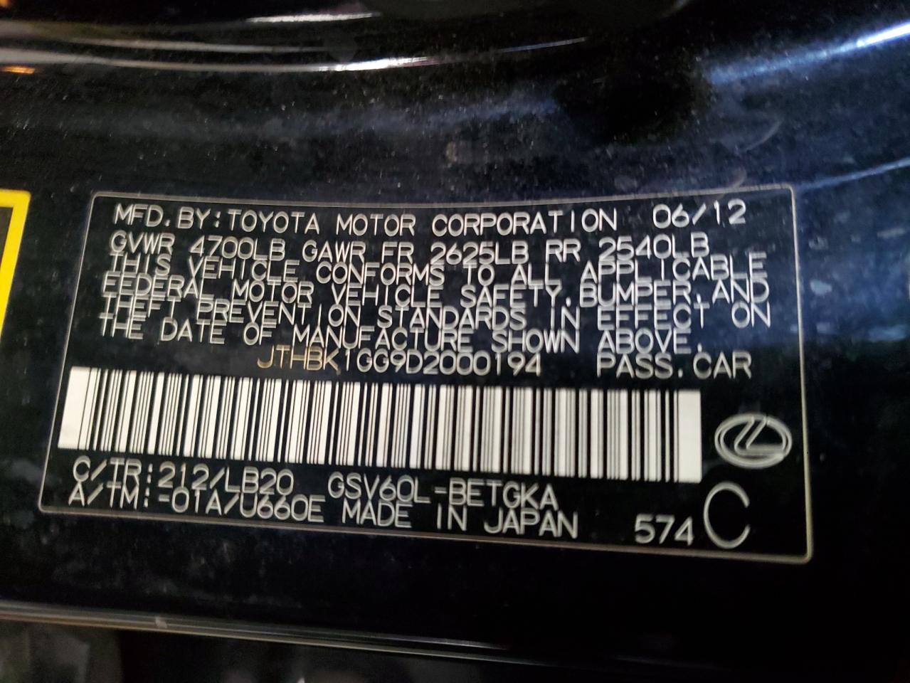 2013 Lexus ES VIN JTHBK1GG9D2000194 Copart auction photo, front end / minor dent/scratches damage thumbnail 12