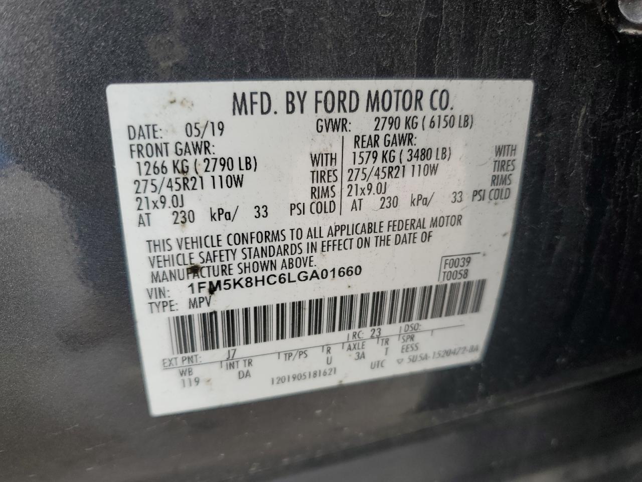 2020 Ford Explorer VIN 1FM5K8HC6LGA01660 Copart auction photo, rear end / minor dent/scratches damage thumbnail 14