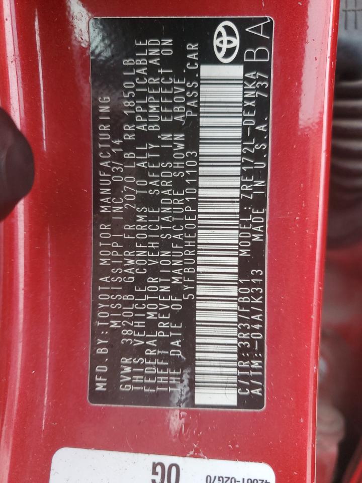2014 Toyota Corolla VIN 5YFBURHE0EP101103 Copart auction photo, front end / rear end damage thumbnail 13