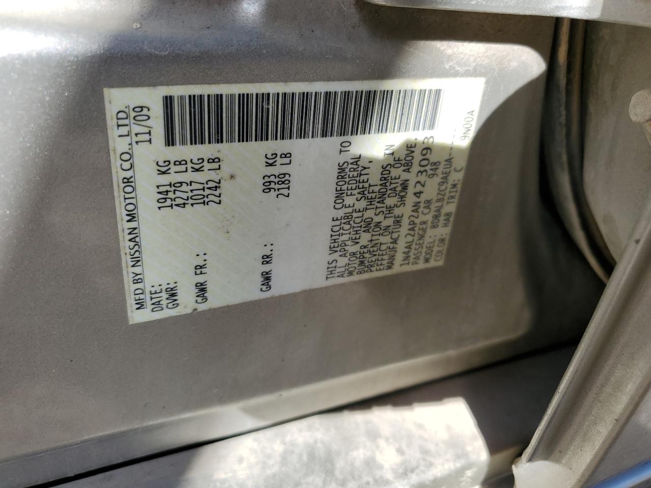 2010 Nissan Altima VIN 1N4AL2AP2AN423093 Copart auction photo, front end / minor dent/scratches damage thumbnail 13