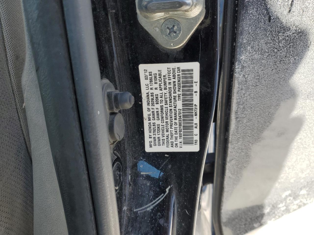 2012 Honda Civic VIN 19XFB2F88CE047012 Copart auction photo, all over damage thumbnail 12