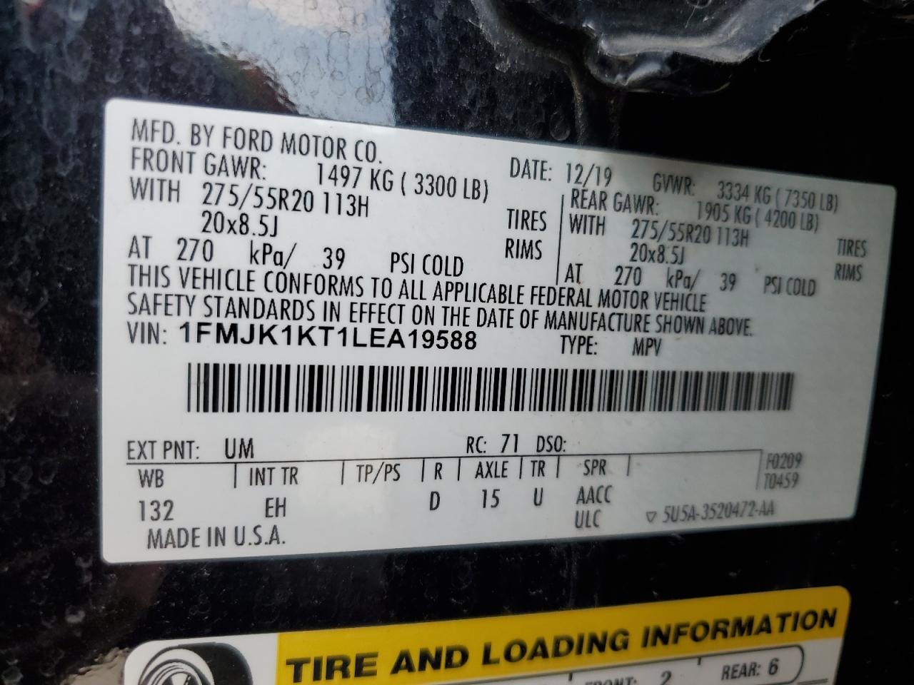 2020 Ford Expedition VIN 1FMJK1KT1LEA19588 Copart auction photo, front end / minor dent/scratches damage thumbnail 13