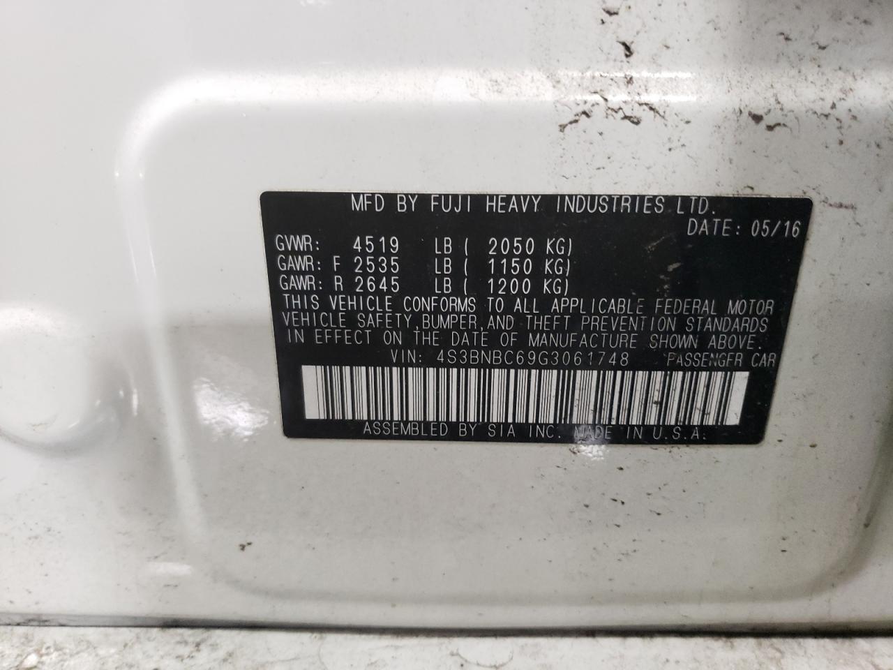 2016 Subaru Legacy VIN 4S3BNBC69G3061748 Copart auction photo, rear end damage thumbnail 13