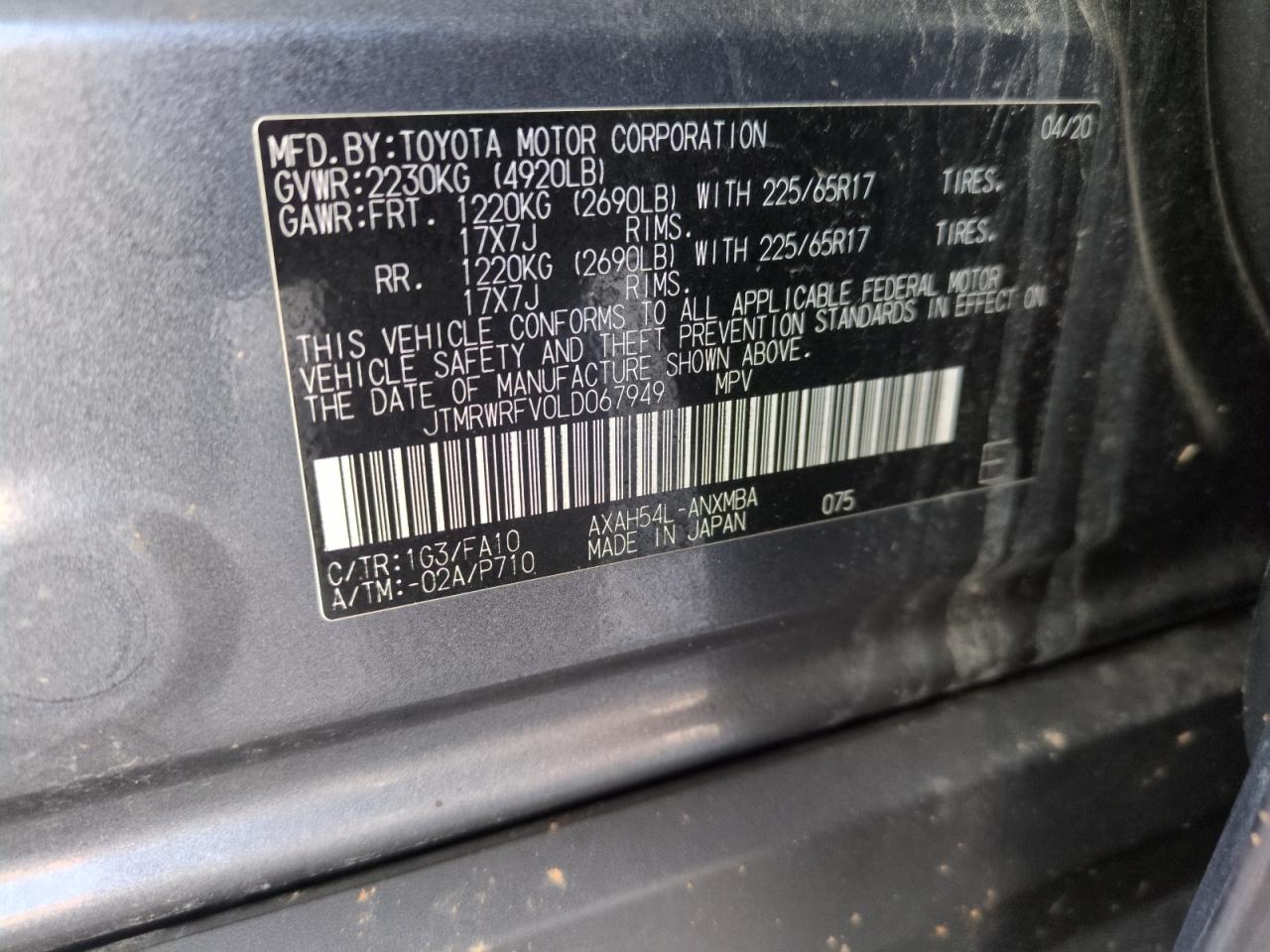 2020 Toyota RAV 4 VIN JTMRWRFV0LD067949 Copart auction photo, all over damage thumbnail 13