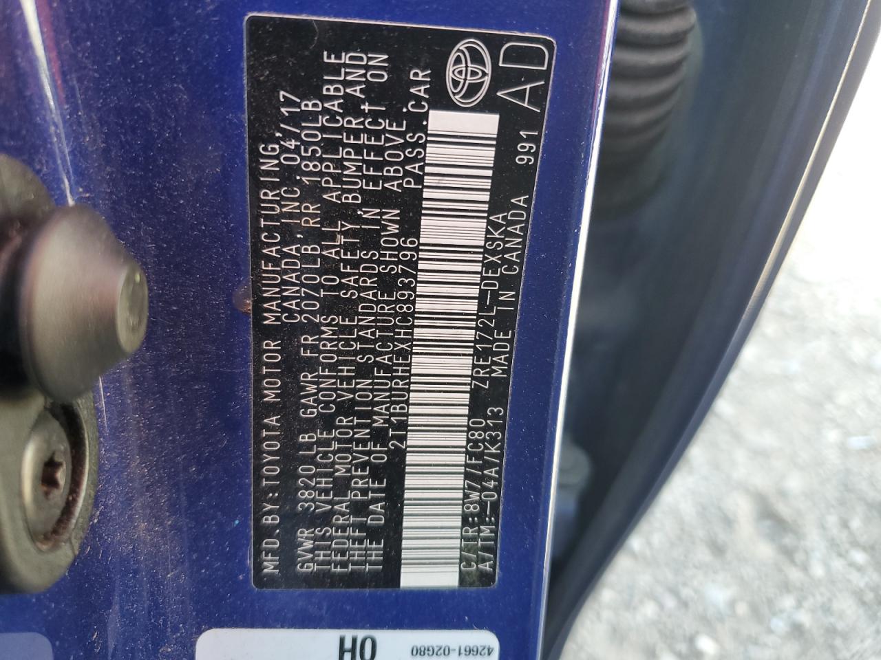 2017 Toyota Corolla VIN 2T1BURHEXHC893796 Copart auction photo, front end / minor dent/scratches damage thumbnail 13