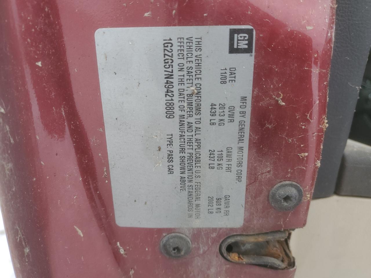 2009 Pontiac G6 VIN 1G2ZG57N494218809 Copart auction photo, front end damage thumbnail 14