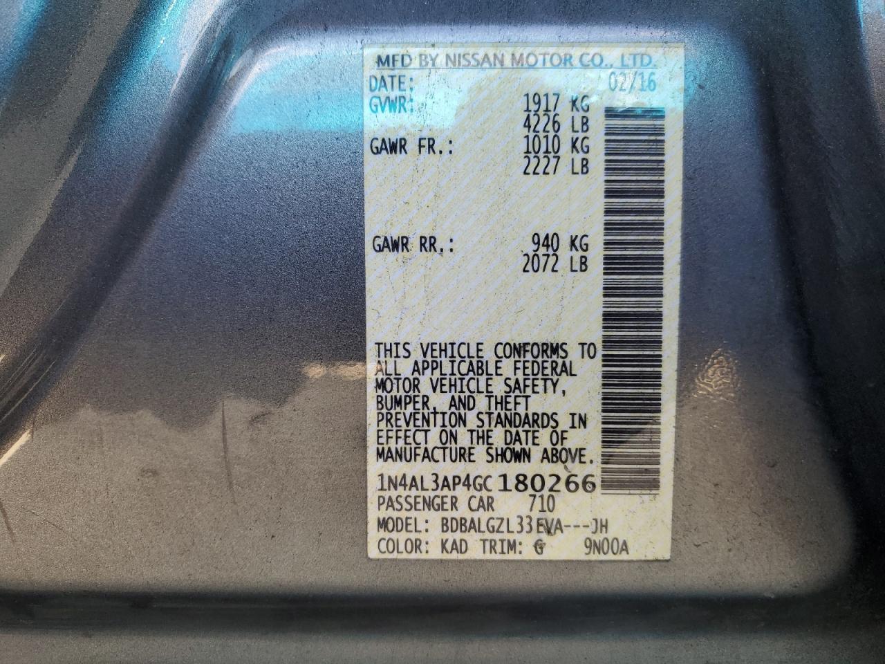 2016 Nissan Altima VIN 1N4AL3AP4GC180266 Copart auction photo, rear end / front end damage thumbnail 12