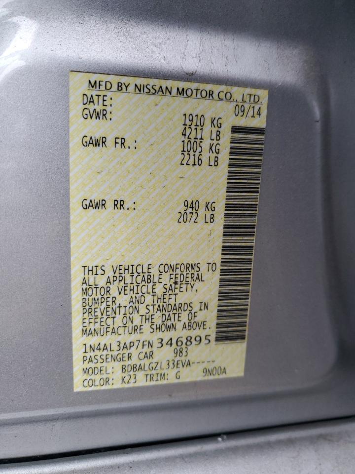 2015 Nissan Altima VIN 1N4AL3AP7FN346895 Copart auction photo, side damage thumbnail 12
