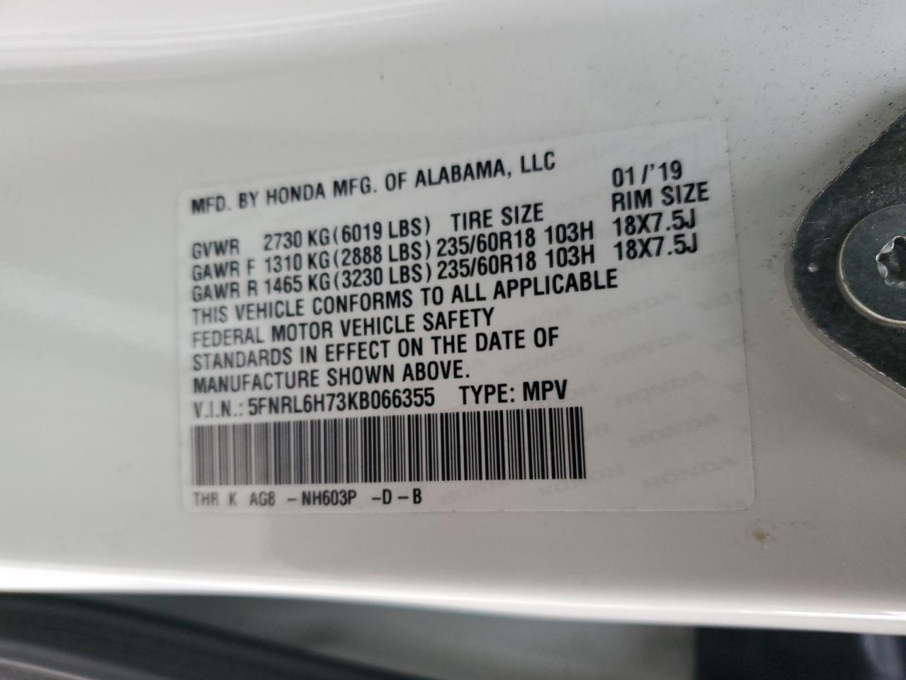 2019 Honda Odyssey VIN 5FNRL6H73KB066355 Copart auction photo, front end damage thumbnail 13