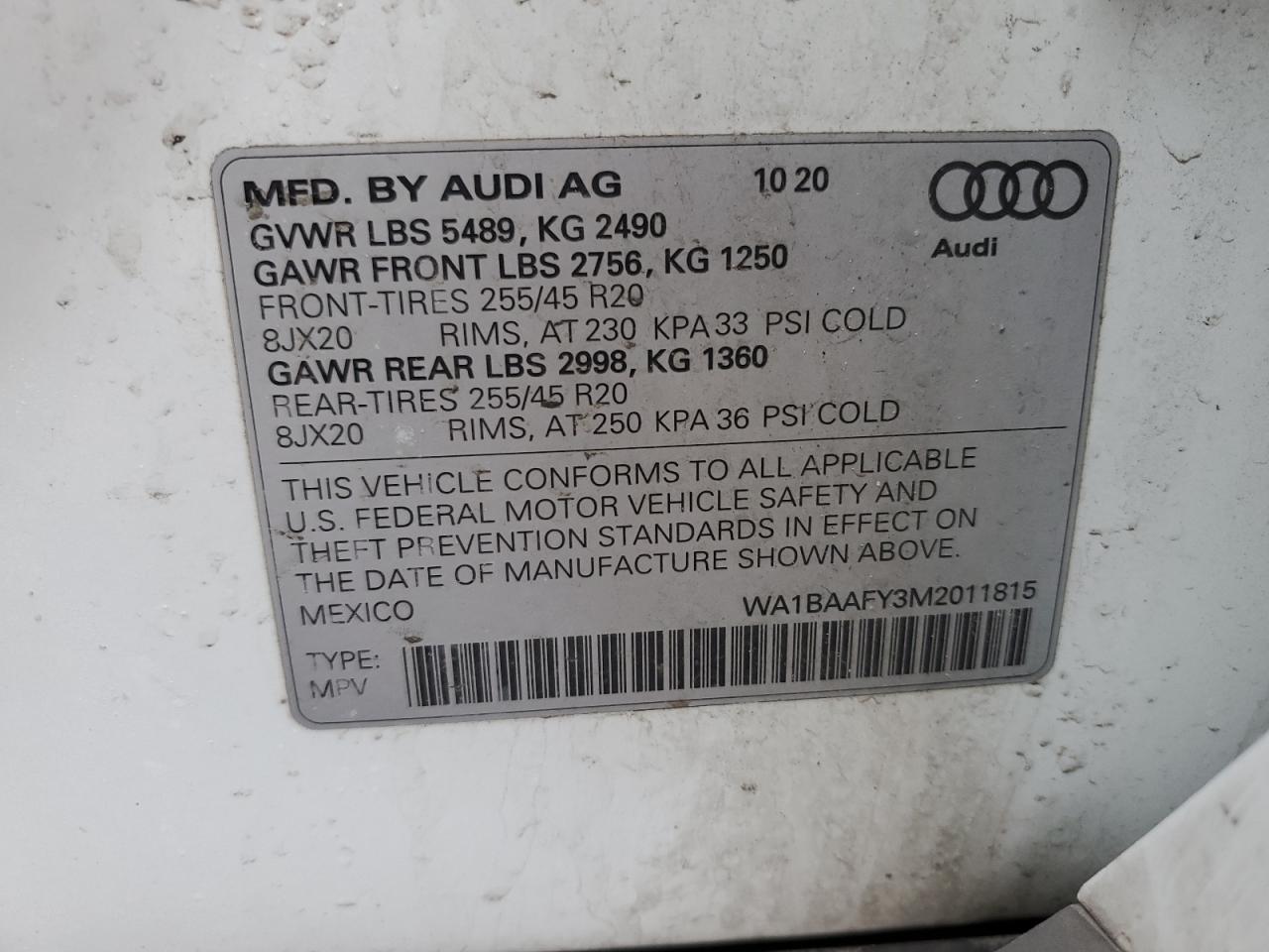 2021 Audi Q5 VIN WA1BAAFY3M2011815 Copart auction photo, rear end / front end damage thumbnail 13