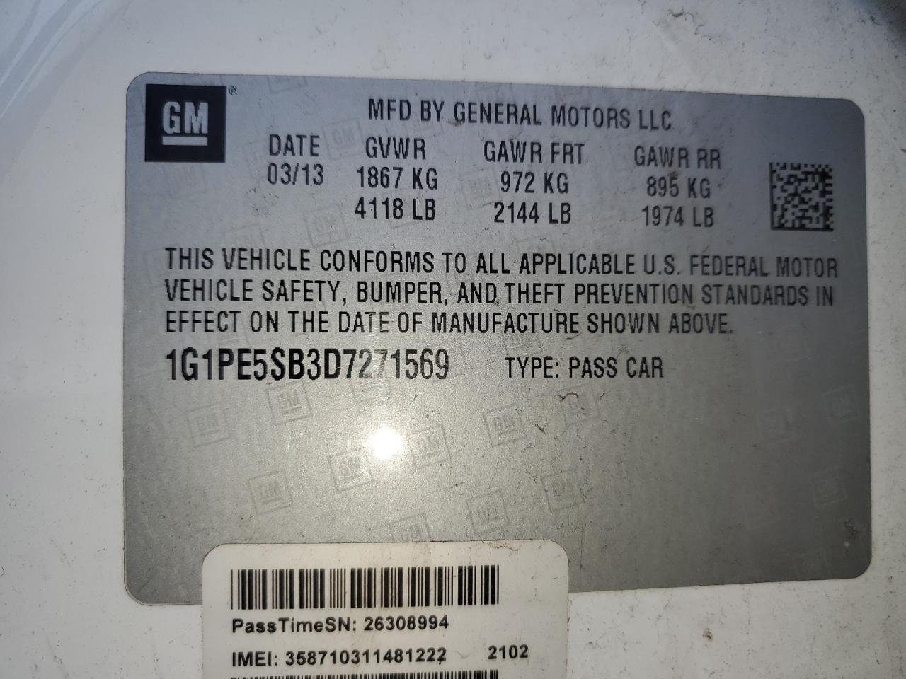 2013 Chevrolet Cruze VIN 1G1PE5SB3D7271569 Copart auction photo, front end / minor dent/scratches damage thumbnail 12