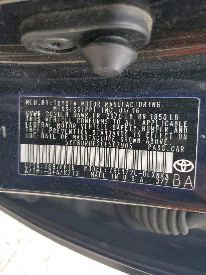 2016 Toyota Corolla VIN 5YFBURHE2GP507905 Copart auction photo, rear end / front end damage thumbnail 15
