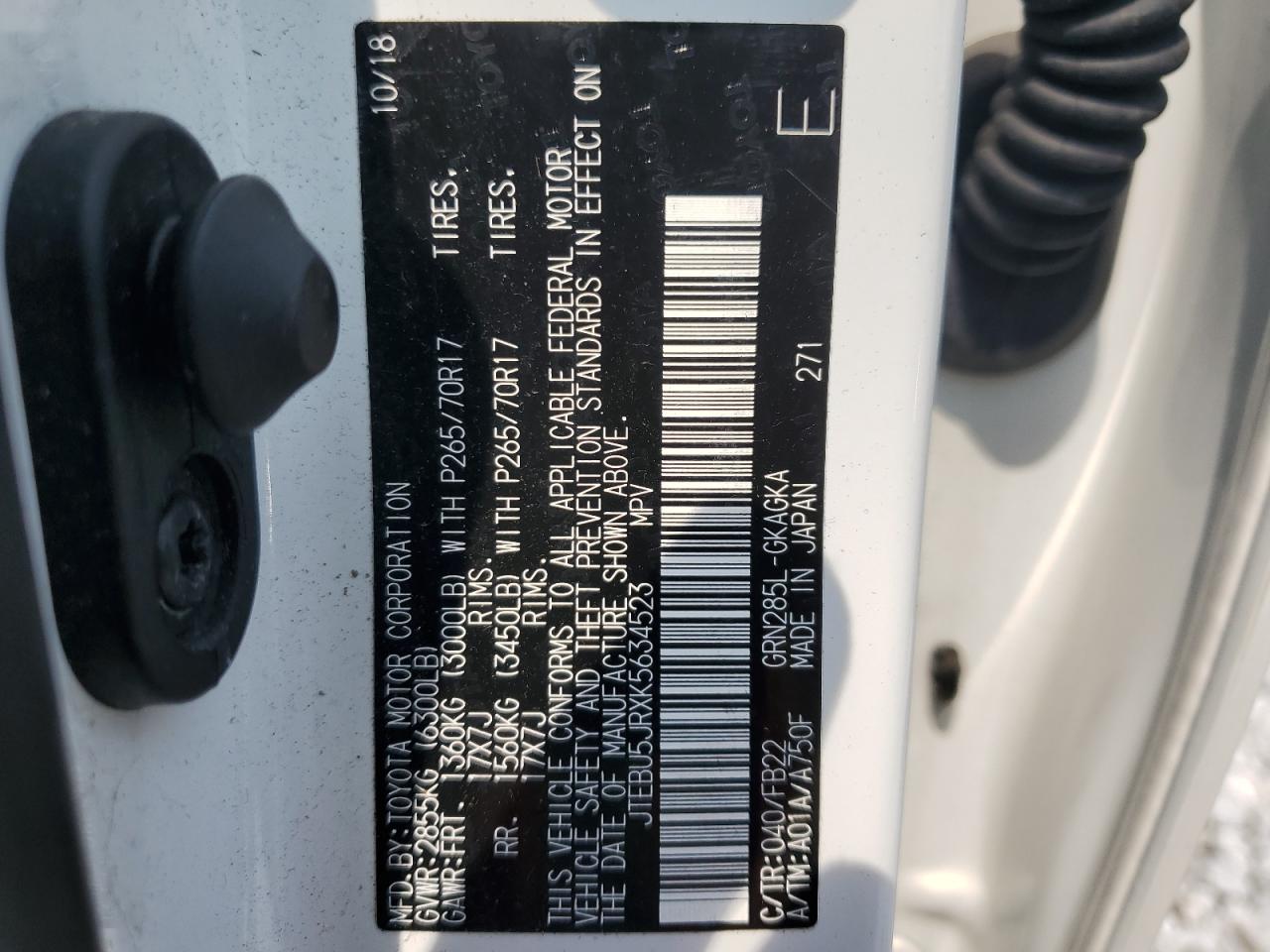 2019 Toyota 4Runner VIN JTEBU5JRXK5634523 Copart auction photo, front end / side damage thumbnail 13