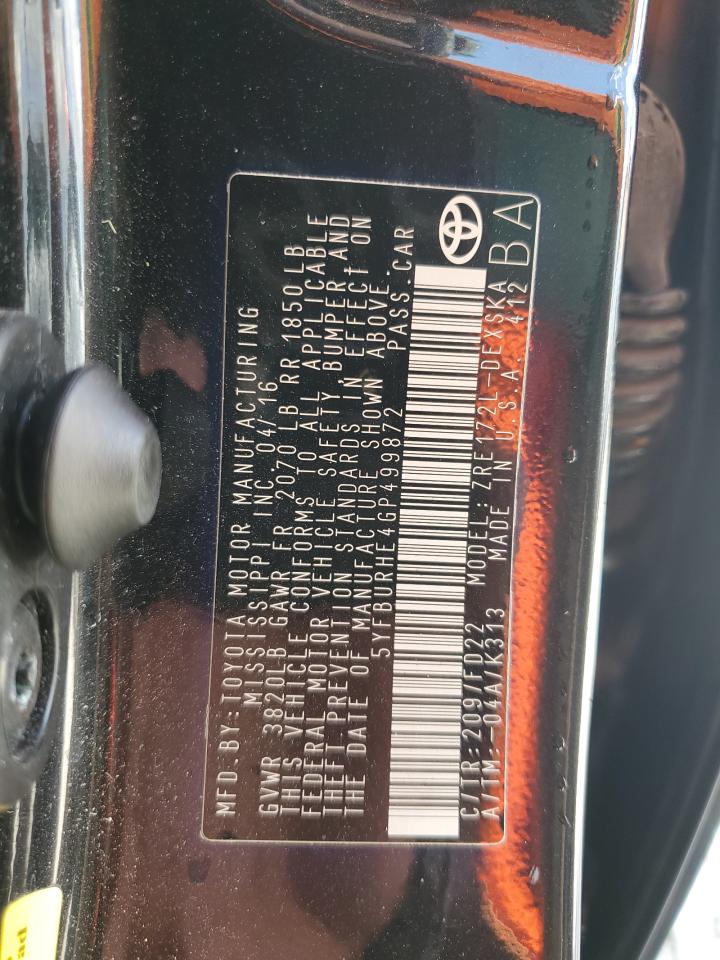 2016 Toyota Corolla VIN 5YFBURHE4GP499872 Copart auction photo, front end / side damage thumbnail 13