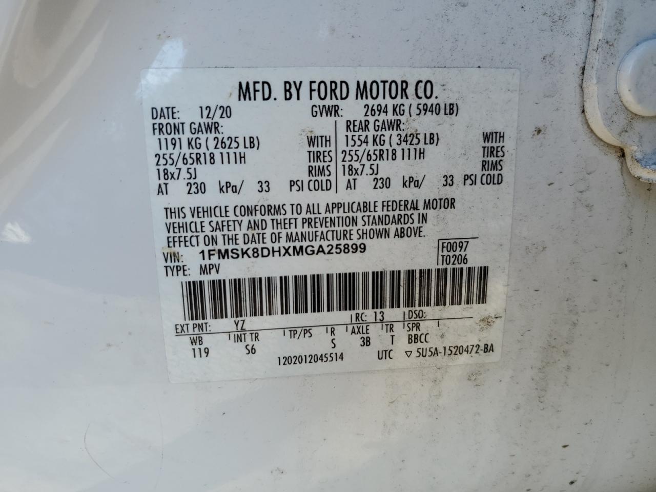 2021 Ford Explorer VIN 1FMSK8DHXMGA25899 Copart auction photo, front end / undercarriage damage thumbnail 15