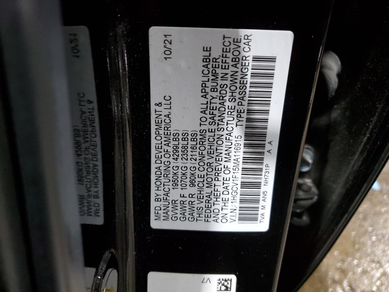 2021 Honda Accord VIN 1HGCV1F15MA116915 Copart auction photo, front end damage thumbnail 14