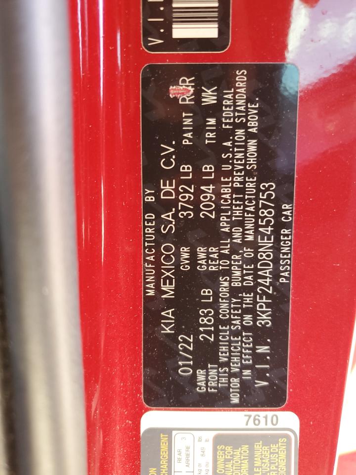 2022 KIA Forte VIN 3KPF24AD8NE458753 Copart auction photo, front end damage thumbnail 15