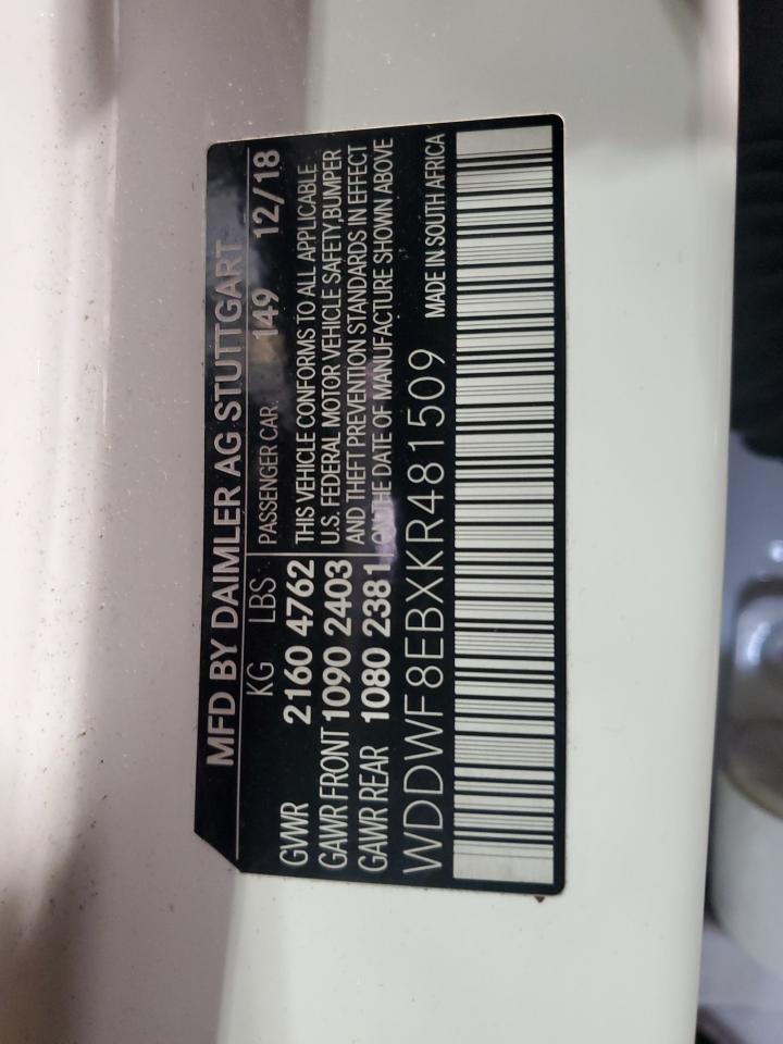 2019 Mercedes-Benz C-klasse VIN WDDWF8EBXKR481509 Copart auction photo, front end damage thumbnail 12