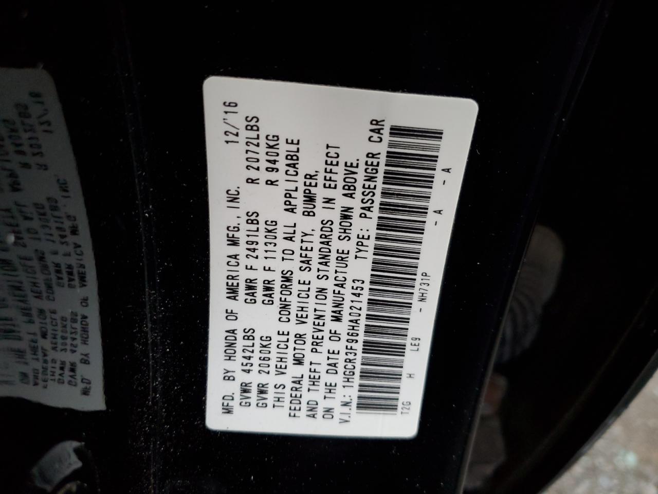 2017 Honda Accord VIN 1HGCR3F96HA021453 Copart auction photo, all over damage thumbnail 13