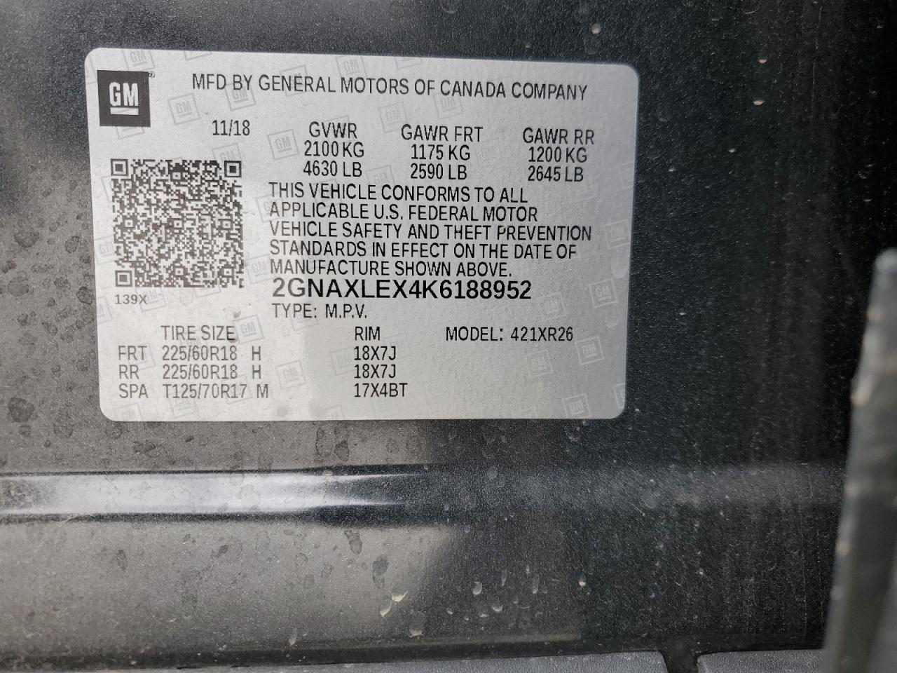 2019 Chevrolet Equinox VIN 2GNAXLEX4K6188952 Copart auction photo, front end / side damage thumbnail 14