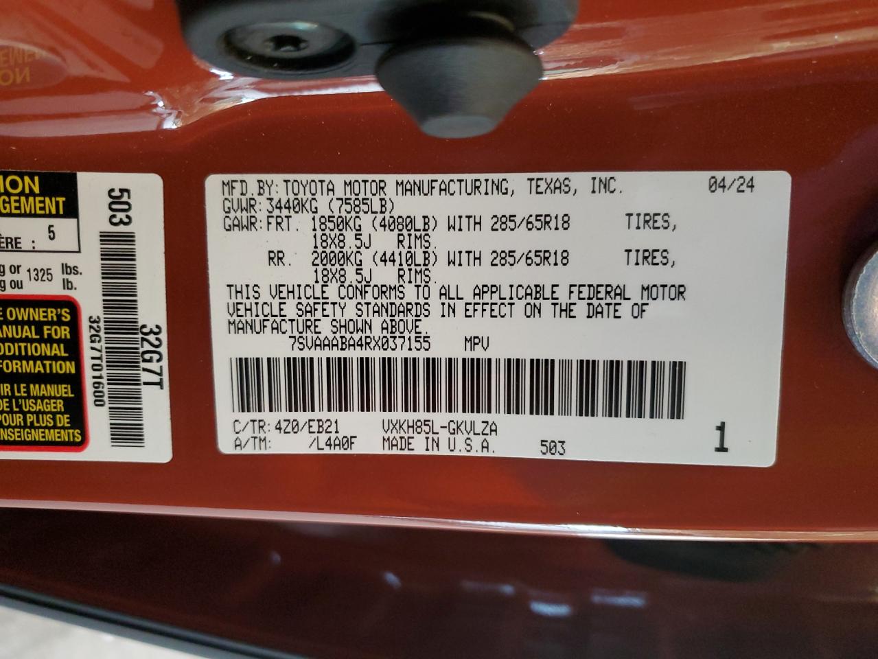 2024 Toyota Sequoia VIN 7SVAAABA4RX037155 Copart auction photo, front end / side damage thumbnail 14