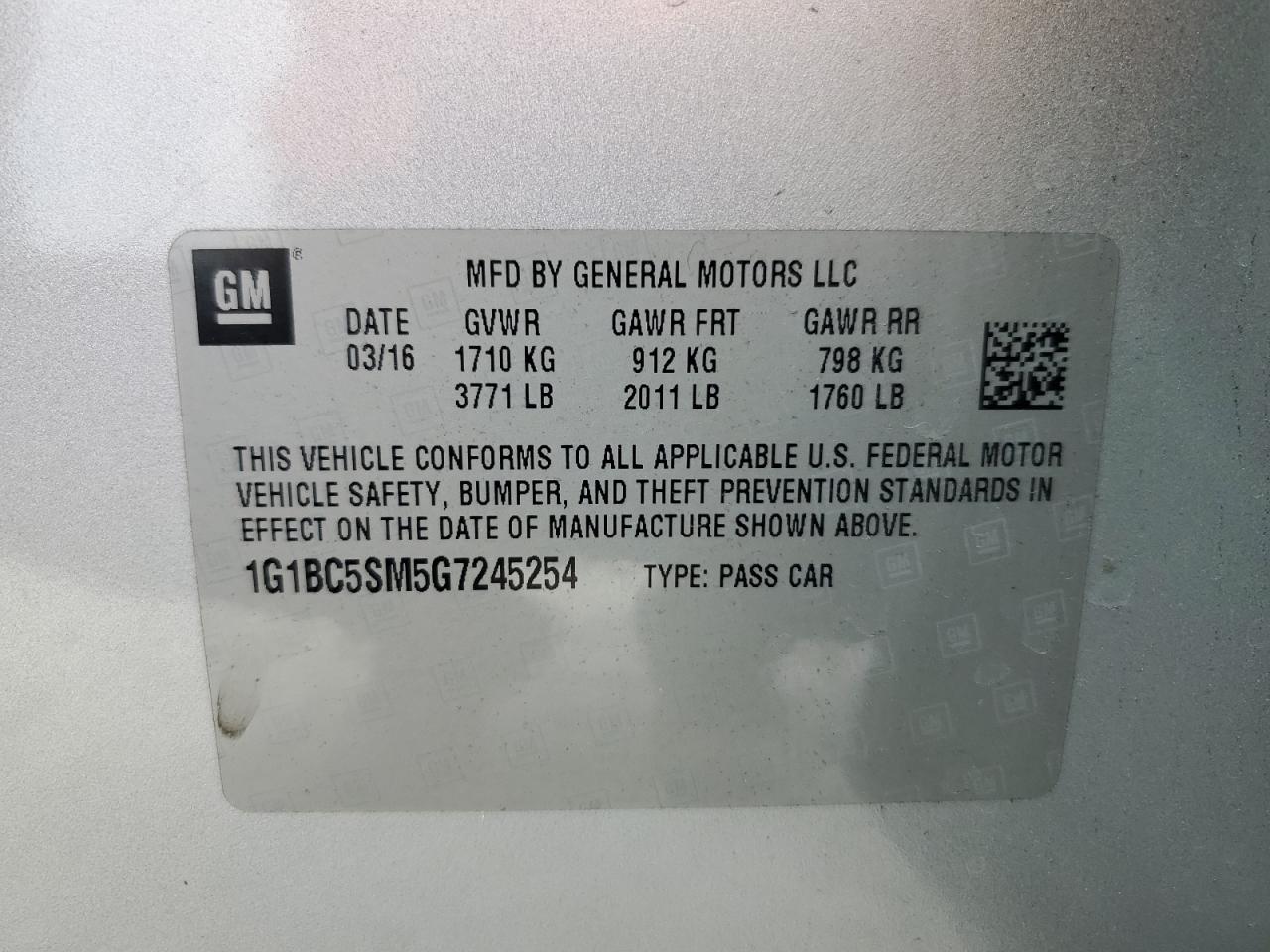 2016 Chevrolet Cruze VIN 1G1BC5SM5G7245254 Copart auction photo, front end / side damage thumbnail 12