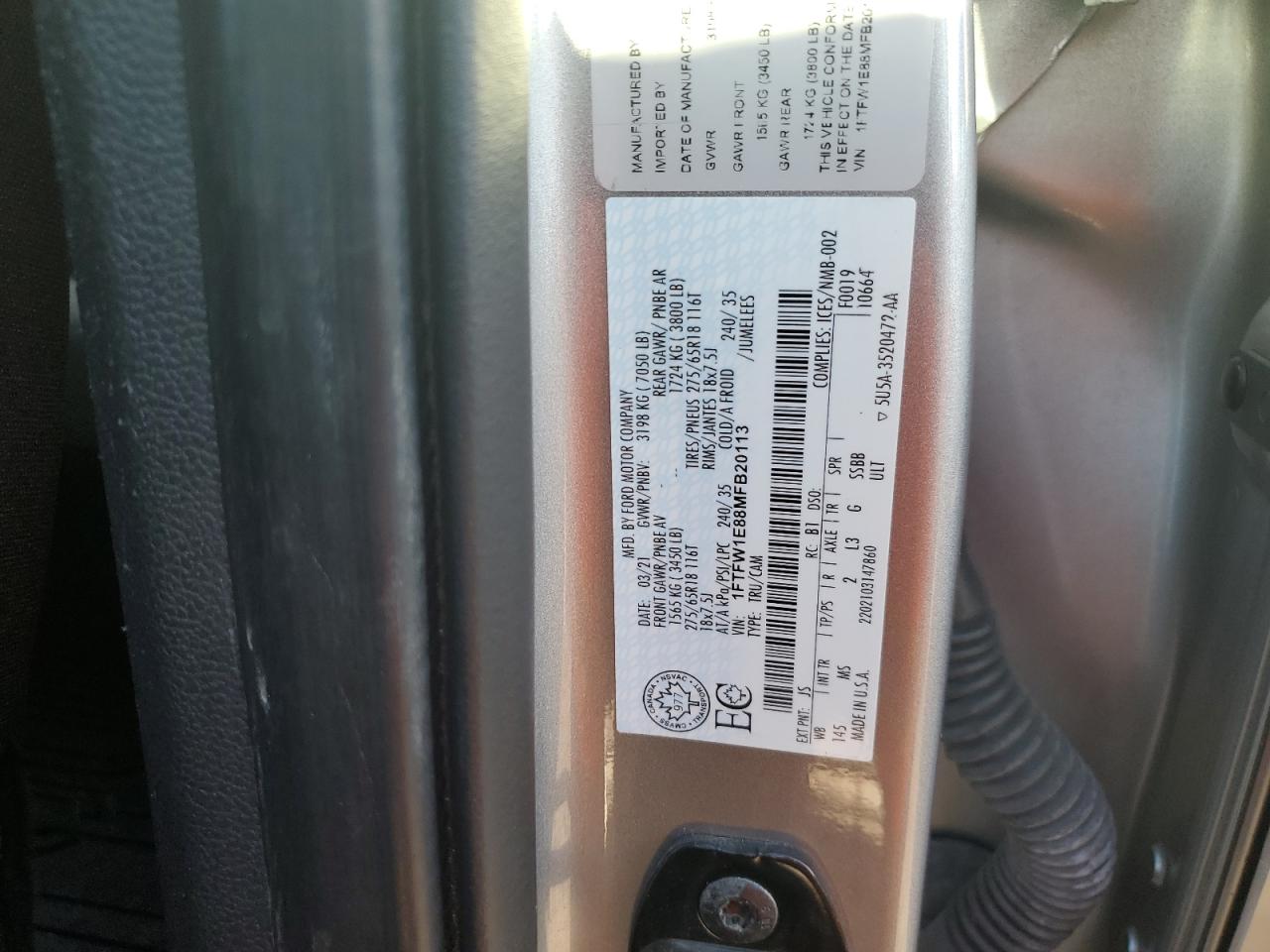 2021 Ford F-150 VIN 1FTFW1E88MFB20113 Copart auction photo, front end damage thumbnail 13